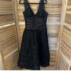 Rickie Freeman Teri Jon Black Silk Ruffled Midi Dress NWT - Size 14